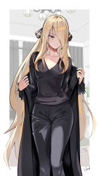 1girl absurdres black_coat black_pants black_shirt blonde_hair breasts chandelier cleavage closed_mouth coat cowboy_shot cynthia_(pokemon) fur-trimmed_coat fur-trimmed_sleeves fur_trim grey_eyes hair_ornament hair_over_one_eye highres kashumashux51 long_hair medium_breasts nintendo pants pokemon pokemon_dppt shirt solo very_long_hair