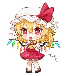 1girl :o blonde_hair chibi crystal fang flandre_scarlet full_body hat heart hiwokawa knees_together_feet_apart mob_cap open_mouth pigeon-toed simple_background solo touhou white_background wings