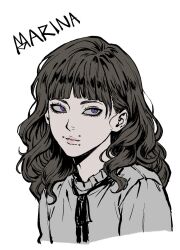 Rule 34 | 1girl, black ribbon, brown hair, character name, closed mouth, commentary, cropped torso, english commentary, face piercing, fear &amp; hunger (series), fear &amp; hunger 2: termina, frilled shirt collar, frills, hear thethunder, highres, lips, long hair, looking at viewer, marina (fear &amp; hunger), mouth piercing, neck ribbon, piercing, purple eyes, ribbon, shirt, simple background, solo, white background, white shirt