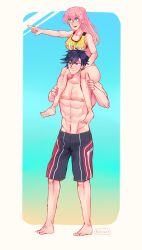 beach bikini black_hair breasts carrying_over_shoulder couple eiyuu_densetsu falcom green_eyes handsome_man happy juna_crawford long_hair muscular muscular_male pink_hair pointing purple_eyes rean_schwarzer sen_no_kiseki_(series) smile swimsuit walking yellow_bikini