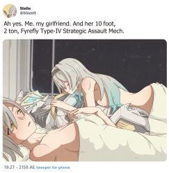 2girls 500_dollar_four_foot_tall_mareep_(meme) aukse bare_shoulders bed bed_sheet breasts closed_eyes cyber_fashion english_text fake_screenshot firefly_(honkai:_star_rail) girl_on_top gradient_hair grey_hair headband highres honkai:_star_rail honkai_(series) indoors internet long_hair looking_at_another lying mecha medium_breasts meme multicolored_eyes multicolored_hair multiple_girls nude on_back on_bed open_mouth pillow robot sam_(honkai:_star_rail) social_network stelle_(honkai:_star_rail) straight_hair trailblazer_(honkai:_star_rail) twitter under_covers yellow_eyes yuri
