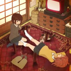 3girls animal animated backscratcher black_legwear blush bob_cut brown_eyes cabinet calendar_(object) carpet cat checkered_blanket closed_mouth controller cup denki_anma drawer eating feet female_focus female_footjob food footjob footjob_under_table fruit grin gyaru homura_hinase indoors kotatsu long_sleeves lying making-of multiple_girls no_shoes on_back open_mouth orange_(fruit) original panties peeling red_eyes remote_control rug sitting sketch skirt sleeves_past_wrists smile socks stealth_sex sweatdrop table tagme tears television tongue twitter_username under_kotatsu under_table underwear unfinished video watching_television watermark wet wet_clothes wet_panties white_legwear wicker_basket yuri