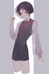 Rule 34 | 1boy, absurdres, alternate costume, arm at side, black hair, black shorts, black vest, blunt ends, collared shirt, cropped legs, curled fingers, eyelashes, eyeliner, eyeshadow, genshin impact, hand up, highres, long sleeves, looking at viewer, makeup, male focus, nero hanken, purple eyes, red eyeliner, red eyeshadow, red nails, scaramouche (genshin impact), shirt, shorts, solo, tongue, tongue out, vest, white shirt, wispy bangs