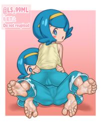 2girls artist_name ass barefoot blue_eyes blue_hair blue_pants blush_stickers cameltoe feet female_focus from_behind hairband harper_(pokemon) looking_at_viewer looking_back lying multiple_girls nintendo on_back open_mouth paid_reward_available pants pokemon pokemon_(anime) pokemon_sm_(anime) sarah_(pokemon) shirt short_hair siblings sisters sitting sitting_on_person sleeveless sleeveless_shirt soles spread_legs straddling thighs toes tsukimaru_(ls_99ml) twins yellow_hairband yellow_shirt