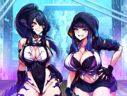2girls au_ra black_bra black_gloves black_hair black_hoodie black_leotard blue_eyes blue_hair bra breasts cleavage closed_mouth commission covered_navel dragon_horns dragon_tail eyebrows_hidden_by_hair final_fantasy final_fantasy_xiv gloves gradient_hair hair_between_eyes highres hood hoodie horns large_breasts leotard long_hair looking_at_viewer medium_hair multicolored_hair multiple_girls open_mouth partially_fingerless_gloves ponytail samael_(5211) sapphira_nyx scales shirt skeb_commission smile tail teeth unbuttoned underwear warrior_of_light_(ff14) white_shirt yellow_eyes
