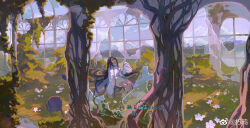 1girl absurdly_long_hair bare_legs belt black_hair blue_sky brown_socks chest_belt chinese_commentary closed_mouth cloud commentary_request commission crossed_legs day dress expressionless flower full_body glasses grey_belt grey_eyes hair_over_one_eye hand_up highres long_hair long_sleeves looking_up messy_hair mountainous_horizon multiple_belts on_chair original overgrown rottencrow ruins sample_watermark shade short_dress sidelocks sitting sky sleeves_past_fingers sleeves_past_wrists socks solo straight_hair tentacle_hair turtleneck turtleneck_dress two-tone_socks upturned_eyes very_long_hair watermark weibo_watermark white_dress white_flower white_socks wide_shot window