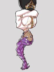 1girl black_skirt braid braided_ponytail breasts dark-skinned_female dark_skin fire_emblem fire_emblem:_three_houses garreg_mach_monastery_uniform highres long_hair medium_breasts mnejing30 nintendo petra_macneary purple_eyes purple_hair shirt skirt solo upside-down white_shirt