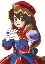 Rule 34 | 1girl, android, armor, beret, blush, breasts, brown hair, dress, gloves, green eyes, hair between eyes, hair ornament, hat, helmet, highres, interlocked fingers, iris (mega man), joints, kintama0210, long hair, looking at viewer, low-tied long hair, medium breasts, mega man (series), mega man x4, mega man x (series), multicolored dress, open mouth, red hat, red helmet, robot ears, robot girl, robot joints, simple background, smile, solo, upper body, very long hair, white background, white gloves