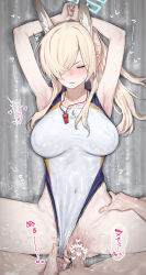 Rule 34 | 1boy, 1girl, absurdres, animal ears, armpits, arms up, assisted exposure, blonde hair, blue archive, blue halo, breasts, censored, closed eyes, clothed female nude male, clothed sex, clothing aside, dog ears, female pubic hair, halo, heart, heart censor, hetero, highres, ie (raarami), kanna (blue archive), kanna (swimsuit) (blue archive), large breasts, nude, one-piece swimsuit, pubic hair, revision, sex, spread legs, sweat, swimsuit, swimsuit aside, vaginal, white one-piece swimsuit