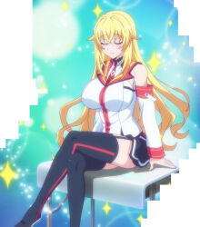 1girl arm_support blonde_hair breasts closed_eyes highres large_breasts legs long_hair masou_gakuen_hxh miyai_kana school_uniform sitting skirt smile solo stitched thighs third-party_edit yurishia_farandole