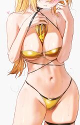 bikini blonde_hair breasts darkness_(konosuba) energy_drink eyes_out_of_frame gold_bikini head_out_of_frame kono_subarashii_sekai_ni_shukufuku_wo! large_breasts monster_energy object_between_breasts swimsuit thick_thighs thighs waligner wide_hips
