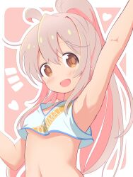 1girl :d ahoge arm_up armpits bare_arms breasts brown_eyes commentary copyright_name cropped_shirt hair_between_eyes heart highres long_hair looking_at_viewer navel no_bra notice_lines onii-chan_wa_oshimai! open_mouth outline oyama_mahiro pink_background pink_hair ponytail shirt simple_background sleeveless sleeveless_shirt small_breasts smile solo unkimo upper_body white_outline
