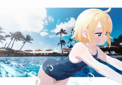 1girl absurdres ahoge all_fours beach_umbrella blonde_hair blue_eyes blue_one-piece_swimsuit blue_sky chair cloud commentary_request competition_school_swimsuit cowboy_shot day flat_chest highres lounge_chair lumi_snowfall one-piece_swimsuit original outdoors palm_treee pool school_swimsuit short_hair sky solo swimsuit umbrella water