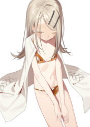 1girl absurdres bikini blonde_hair breasts commentary gakuen_idolmaster gold_bikini golden_week golden_week_bikini hair_ornament hairclip highres idolmaster long_hair navel nijiko_uro orange_eyes petite shinosawa_hiro shiny_swimsuit simple_background small_breasts swimsuit symbol-only_commentary white_background