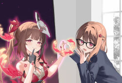 1girl absurdres bare_shoulders black_jacket blazer breasts brown_hair choker collared_shirt dress dual_persona fox_mask glasses hair_ornament highres honkai:_star_rail honkai_(series) jacket long_hair looking_at_viewer mask mask_on_head open_clothes open_jacket pink_eyes red_dress school_uniform senbonsang shirt skirt smile solo sparkle_(honkai:_star_rail) sparkle_(school_uniform)_(honkai:_star_rail) twintails white_shirt