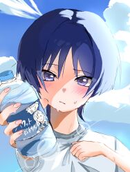 1boy alternate_costume blue_hair blue_sky blunt_ends blush bottle casual character_print closed_mouth cloud cloudy_sky contemporary eyeliner eyeshadow genshin_impact giving grey_eyes highres holding holding_bottle lens_flare looking_at_viewer makeup male_focus melon_amusu neuvillette_(genshin_impact) outdoors pink_nails portrait red_eyeliner red_eyeshadow scaramouche_(genshin_impact) shirt short_sleeves signature sketch sky solo sweat tsurime water_bottle white_shirt white_sleeves wispy_bangs