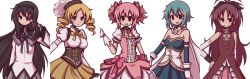 5girls absurdres akemi_homura akemi_homura_(magical_girl) armor bare_shoulders black_eyes black_hair blonde_hair blue_dress blue_hair blue_sleeves blush bow breastplate breasts brown_hat cape closed_mouth corset detached_sleeves dress feather_hair_ornament feathers food food_in_mouth grey_dress hair_flip hair_ornament hairband hand_on_own_hip hat high_collar highres kaname_madoka kaname_madoka_(magical_girl) long_hair looking_at_viewer magical_girl mahou_shoujo_madoka_magica medium_breasts miki_sayaka miki_sayaka_(magical_girl) multicolored_dress multiple_girls official_costume open_mouth pink_bow pink_dress pink_hair pocky pocky_in_mouth ponytail puffy_short_sleeves puffy_sleeves red_dress red_hair sakakaorin sakura_kyoko sakura_kyoko_(magical_girl) short_hair short_sleeves simple_background skirt sleeveless sleeveless_dress small_breasts smile soul_gem standing tomoe_mami tomoe_mami_(magical_girl) twintails white_background white_cape white_dress white_sleeves yellow_bow yellow_skirt