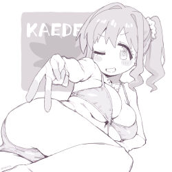 Rule 34 | 1girl, ;), ass, bare arms, bare legs, bare shoulders, bikini, blush stickers, breasts, character name, commentary request, foreshortening, greyscale, grin, hair intakes, hair ornament, hair scrunchie, highres, hozuki kaede, jewelry, large breasts, looking at viewer, lying, matado (almukha), monochrome, necklace, o-ring, o-ring bikini, on side, one eye closed, onii-chan wa oshimai!, scrunchie, side ponytail, simple background, smile, solo, swimsuit, twitter username, v