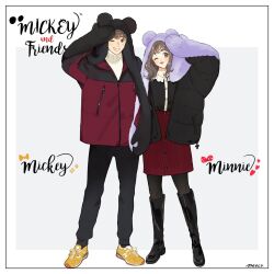 1boy 1girl boots brown_hair character_name coat copyright_name looking_at_viewer meecosme mickey_mouse mickey_mouse_&amp;_friends minnie_mouse one_eye_closed open_mouth pants pantyhose shoes short_hair skirt smile sweater translation_request