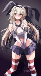 1girl 2025 absurdres anchor_hair_ornament animal_ears aroused artist_name bare_shoulders black_hairband black_neckerchief black_panties black_ribbon blonde_hair blue_eyes blue_sailor_collar blue_skirt blush breasts buttons clothes_pull commentary_request covering_crotch covering_privates cropped_shirt double-breasted elbow_gloves embarrassed gloves hair_between_eyes hair_ornament hair_ribbon hairband highleg highleg_panties highres hip_focus kantai_collection leaning_to_the_side legs_apart long_hair looking_at_viewer medium_breasts microskirt midriff navel neckerchief panties panty_pull pleated_skirt pussy_juice pussy_juice_drip_through_clothes pussy_juice_trail rabbit_ears ribbon sailor_collar school_uniform serafuku shimakaze_(kancolle) shirt skin_tight skindentation skirt skirt_pull sleeveless sleeveless_shirt solo standing striped_clothes striped_thighhighs thighhighs toms underwear v_arms very_long_hair wavy_mouth wet wet_clothes wet_skirt white_shirt