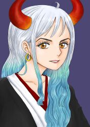 Rule 34 | 1girl, ahoge, aqua hair, commentary request, couchpotato op, earrings, eyelashes, highres, horns, japanese clothes, jewelry, kimono, long hair, looking at viewer, one piece, orange eyes, parted lips, sidelocks, simple background, solo, upper body, v-shaped eyebrows, white hair, white kimono, yamato (one piece)