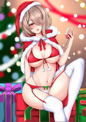 1girl :o bikini blurry blurry_background box breasts brown_hair christmas christmas_lights christmas_tree commentary_request cup drinking_glass gift gift_box hair_over_one_eye hat highres holding holding_cup honkai_(series) honkai_impact_3rd large_breasts match_(scp115) mole mole_under_eye navel no_shoes red_bikini red_eyes red_garter_belt red_garter_straps rita_rossweisse santa_cape santa_hat short_hair solo stomach swimsuit thighhighs thighs white_bikini white_thighhighs wine_glass