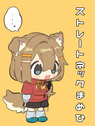 ... 1girl animal_ear_fluff animal_ears black_shorts blue_eyes blue_shoes blush_stickers brown_hair chibi chibi_only commentary_request dog_ears dog_girl dog_tail fang full_body hair_between_eyes hair_ornament hairclip highres layered_sleeves long_hair long_sleeves low-tied_long_hair mamehinata notamaru_2 open_mouth red_shirt shirt shoes short_over_long_sleeves short_sleeves shorts simple_background skin_fang socks solo spoken_ellipsis standing tail translation_request vrchat white_socks yellow_background