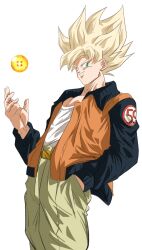 Rule 34 | 1boy, absurdres, araaaa453, blonde hair, cowboy shot, dragon ball, dragon ball (object), dragonball z, goku day, green eyes, green pants, hand in pocket, highres, jacket, male focus, medium hair, number pun, official alternate costume, orange jacket, pants, shirt, simple background, solo, son goku, spiked hair, super saiyan, super saiyan 1, white background, white shirt