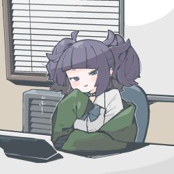 1girl bb_15hz blue_bow blue_bowtie blue_eyes blunt_bangs bow bowtie chair collared_shirt green_jacket idolmaster idolmaster_shiny_colors indoors jacket looking_at_viewer off_shoulder purple_hair shirt short_twintails sitting sleeves_past_fingers sleeves_past_wrists smile solo studded_choker tablet_pc tanaka_mamimi twintails white_shirt window window_blinds
