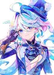 1girl ahoge ascot black_gloves blue_ascot blue_bow blue_eyes blue_gemstone blue_hair blue_hat blue_jacket blue_pupils bow closed_mouth commentary_request drop-shaped_pupils furina_(genshin_impact) gem genshin_impact gloves hair_between_eyes hair_intakes hand_up hat hat_bow heterochromia highres jacket light_smile long_hair long_sleeves looking_at_viewer multicolored_hair signature solo streaked_hair symbol-shaped_pupils touka_(pixiv71609120) upper_body very_long_hair white_hair
