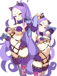 2girls animal_ears armpits arms_behind_head arms_up bare_shoulders black_panties blush bow breasts cleavage cosplay dual_persona elbow_gloves facial_mark fate/grand_order fate_(series) forehead forehead_mark fur-trimmed_gloves fur-trimmed_thighhighs fur_collar fur_trim gloves highres lace lace-trimmed_thighhighs lace_trim large_breasts long_hair looking_at_viewer mash_kyrielight mash_kyrielight_(dangerous_beast) mash_kyrielight_(dangerous_beast)_(cosplay) multiple_girls navel o-ring open_mouth panties parted_bangs ponytail purple_eyes purple_gloves purple_hair purple_thighhighs revealing_clothes sidelocks small_breasts thighhighs thighs underwear user_fkzw8222 very_long_hair wolf_ears wu_zetian_(fate) wu_zetian_(swimsuit_caster)_(fate)