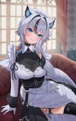 Rule 34 | 1girl, animal ear fluff, animal ears, apron, black corset, black dress, black thighhighs, black wrist cuffs, blue eyes, blue hair, chain, corset, couch, dress, gloves, gradient hair, grey hair, hakurou lufu (vtuber), hand up, highres, indie virtual youtuber, indoors, light blush, light smile, long sleeves, looking at viewer, maid, maid headdress, multicolored hair, niro (niro26), second-party source, side slit, solo, streaked hair, tail, thighhighs, two-tone dress, virtual youtuber, waist apron, white apron, white dress, white gloves, window, wolf ears, wolf girl, wolf tail, wrist cuffs