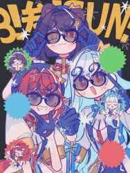 +_+ 3girls :3 :d adjusting_eyewear ange_katrina ange_katrina_(1st_costume) animal_ears animated animated_gif beret black_background blue_eyes blue_gloves blue_hair blue_hat blue_ribbon blush braid brown_hair chibi chibi_inset colored_inner_hair commentary_request crossed_bangs crown_hat_ornament dog_ears finger_to_cheek gloves grin group_picture hair_intakes hair_ornament half_gloves hands_up hat heterochromia highres ichimaru_(ichimarururu514) idol_clothes index_finger_raised inui_toko inui_toko_(1st_costume) jacket lize_helesta lize_helesta_(1st_costume) looking_at_viewer looping_animation matching_eyewear medium_hair multicolored_hair multiple_girls neck_ribbon nijisanji nijisanji_idol_uniform number_glasses open_mouth purple_eyes red_eyes red_hair red_ribbon ribbon sanbaka_(nijisanji) sanbaka_anniversary_outfit sebastian_piyodore short_sleeves single_hair_intake smile star_(symbol) streaked_hair swept_bangs tinted_eyewear two-tone_hair virtual_youtuber white_hair white_jacket white_wrist_cuffs wrist_cuffs wrist_ribbon yellow_eyes