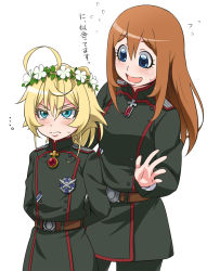 10s 2girls 3: 3:&lt; ahoge annoyed arms_behind_back belt blonde_hair blue_eyes blush cross epaulettes flying_sweatdrops hair_between_eyes head_wreath iron_cross long_hair long_sleeves military military_uniform multiple_girls open_mouth short_hair smile sweatdrop tanya_degurechaff translated upper_body v-shaped_eyebrows viktoriya_ivanovna_serebryakov white_background youjo_senki youkan