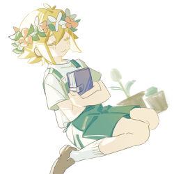 1boy aged_down antenna_hair backlighting basil_(faraway)_(omori) basil_(omori) blonde_hair book brown_shoes chi_ya child closed_eyes closed_mouth dutch_angle flower flower_pot flower_wreath full_body green_overalls grey_shirt hashtag-only_commentary head_wreath holding holding_book hugging_object kneehighs leaf male_focus omori orange_flower overall_shorts overalls shirt shoes short_hair short_sleeves simple_background sitting smile socks solo tulip u_u wariza white_background white_flower white_socks white_tulip