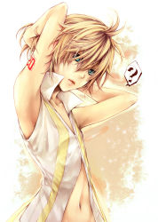 1boy ? adjusting_hair aqua_eyes armpits arms_up blonde_hair highres kagamine_len kagamine_len_(append) ln male_focus navel solo tattoo vocaloid vocaloid_append