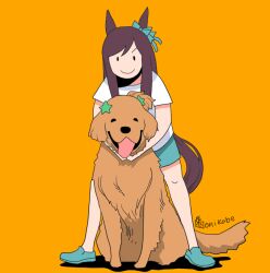 Rule 34 | 1girl, animal ears, animalization, black eyes, blue bow, bow, brown hair, commentary request, dog, ear bow, full body, golden retriever, horse ears, horse girl, horse tail, mejiro dober (umamusume), onikobe rin, open mouth, orange background, simple background, solid circle eyes, solo, star (symbol), swept bangs, taiki shuttle (umamusume), tail, umamusume