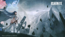 1girl absurdres ass azur_lane boots breasts cannon cape debris fighting_stance game_cg gloves hair_flowing_over highres jacket knight large_breasts long_hair panties purple_hair rapier red_gloves rigging robot solo sword tentacles thigh_boots torpedo_tubes trafalgar_(azur_lane) underboob underwear water_drop weapon white_boots white_jacket white_panties