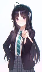 1girl absurdres ahoge awa_subaru black_hair black_jacket blunt_bangs blush commentary diagonal-striped_clothes diagonal-striped_necktie dust_(mth) fingernails foreshortening girls_band_cry green_necktie grey_skirt gyaru_v hair_ribbon hand_on_own_hip highres jacket long_hair looking_at_viewer necktie plaid_clothes plaid_skirt purple_eyes ribbon school_uniform shirt shirt_tucked_in simple_background skirt smile solo straight_hair striped_clothes v very_long_hair white_background white_shirt