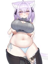 1girl animal_ear_fluff animal_ears belly belt blush breast_strap breasts cat_ears cat_girl cleavage cleavage_cutout clothes_lift clothing_cutout hair_ribbon hololive large_breasts medium_hair mochigomemcmc navel nekomata_okayu nekomata_okayu_(8th_costume) open_belt open_mouth panties plump purple_eyes purple_hair ribbon shirt_lift side-tie_panties sleeveless sleeveless_sweater solo standing sweater turtleneck turtleneck_sweater twintails underwear undressing virtual_youtuber white_background wide_hips