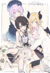 4girls absurdres animal_ears black_hair blonde_hair blush_stickers border breasts cleavage coat controller demon_girl demon_horns demon_wings frilled_shirt frills green_eyes grey_hair group_picture highres himemori_luna holding holding_controller hololive horns lab_coat large_breasts lion_ears lion_girl long_hair multiple_girls nintendo_switch oozora_subaru pink_shirt purple_eyes purple_hair shirt shishiro_botan short_hair simple_background sleeping soutanookiba subachocolunatan_(hololive) virtual_youtuber white_border white_coat wings yuzuki_choco