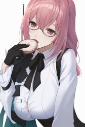 1girl armor black_gloves breasts donut dress_shirt food glasses gloves hair_between_eyes highres holding holding_donut holding_food large_breasts light_blush long_hair looking_at_viewer open_mouth partially_unbuttoned pink_eyes pink_hair ricin shirt shoulder_armor sidelocks simple_background solo teeth tsukishiro_yanagi upper_teeth_only white_background white_shirt zenless_zone_zero