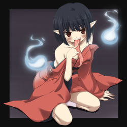 1girl akaname akaname-san bare_shoulders black_border black_hair blush border female_focus hitodama japanese_clothes kimono long_tongue monster_girl original outside_border pointy_ears red_eyes short_hair socks solo suien tongue tongue_out undressing