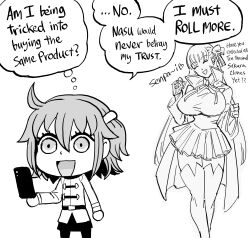 Rule 34 | 2girls, absurdres, bb (baalbuddy), bb (fate), breasts, cape, cellphone, chaldea uniform, chibi, closed eyes, english text, fate/grand order, fate (series), fujimaru ritsuka (female), highres, holding, holding phone, large breasts, learning with manga! fgo, long hair, looking at phone, multiple girls, open mouth, phone, satire, smartphone, smile, speech bubble, thighhighs, thought bubble