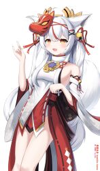 1girl :d absurdres animal_ear_fluff animal_ears bare_shoulders bell breasts commentary cosplay detached_sleeves dress floral_print fox_ears fox_girl fox_mask fox_shadow_puppet fox_tail genshin_impact hair_bell hair_ornament hair_ribbon highres indie_virtual_youtuber japanese_clothes kagura_lilia kamiko_kana looking_at_viewer mask mask_on_head nontraditional_miko open_mouth ribbon sideboob small_breasts smile solo tail thighs virtual_youtuber white_background white_dress white_hair wide_sleeves yae_miko yae_miko_(cosplay) yellow_eyes