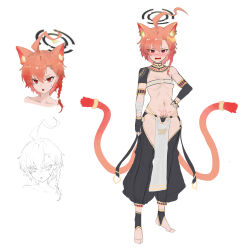 1girl absurdres alternate_costume animal_ear_fluff animal_ears bikini black_gloves black_leggings black_socks blue_archive braid cat_ears cat_girl cat_tail detached_collar fingerless_gloves gloves hair_between_eyes hand_on_own_hip highres leggings looking_at_viewer navel neru_(blue_archive) pelvic_curtain pubic_tattoo red_eyes red_hair short_hair single_braid socks solo stirrup_footwear stomach swimsuit tail tattoo weiiew white_bikini yellow_collar