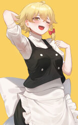 1girl ahoge alternate_hairstyle apron black_hat black_vest blonde_hair blush bow breasts cropped_legs fang frilled_apron frilled_skirt frills hair_bow hairband hat heart heart-shaped_pupils highres kirisame_marisa long_hair looking_at_viewer medium_breasts nsan one_eye_closed open_mouth puffy_short_sleeves puffy_sleeves red_bow shirt short_sleeves skirt smile solo standing symbol-shaped_pupils tongue touhou turtleneck turtleneck_shirt vest waist_apron white_shirt witch_hat yellow_background yellow_eyes