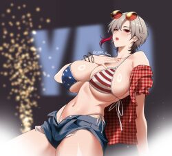 1girl alternate_costume american_flag american_flag_bikini american_flag_print belt bikini black_choker blue_shorts breasts brown_belt cero_rains choker cleavage collarbone cosplay denim denim_shorts earrings eyewear_on_head flag_print flag_print_bikini gingham gingham_shirt hair_between_eyes highres jewelry kwon_eun-bi kwon_eun-bi_(cosplay) large_breasts looking_at_viewer medium_hair multicolored_hair navel open_clothes open_mouth open_shirt original photo_inset print_bikini print_swimsuit red_eyes red_shirt shirt short_shorts shorts solo stage stomach sunglasses swimsuit thighs yao_(cero_rains)