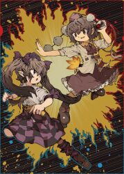 2girls black_skirt brown_hair camera camera_phone cellphone checkered_clothes checkered_skirt collared_shirt commentary_request eye_contact flip_phone frilled_skirt frills geta hat hauchiwa highres himekaidou_hatate holding holding_camera long_hair looking_at_another multicolored_shirt multiple_girls no_wings open_mouth phone pointy_ears pom_pom_(clothes) purple_hat purple_skirt red_hat shameimaru_aya shirt skirt smile tengu-geta tokin_hat touhou twintails white_shirt yamame_jinja