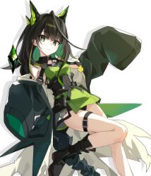 0guityak 1girl absurdres ahoge animal_ears arknights bare_shoulders belt black_corset black_hair black_jacket black_shorts cat_ears closed_mouth corset crystal_tail dress fake_animal_ears foot_out_of_frame green_dress green_eyes green_hair highres huge_ahoge jacket long_hair long_sleeves looking_at_viewer mon3tr_(arknights) multicolored_hair off_shoulder open_clothes open_jacket shorts simple_background sleeves_past_fingers sleeves_past_wrists solo thigh_belt thigh_strap white_background